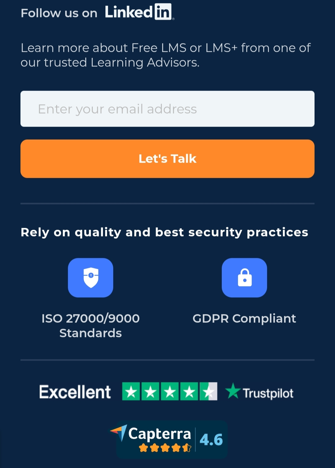 Alison quality and security credentials — ISO, GDPR, Trustpilot and Capterra ratings