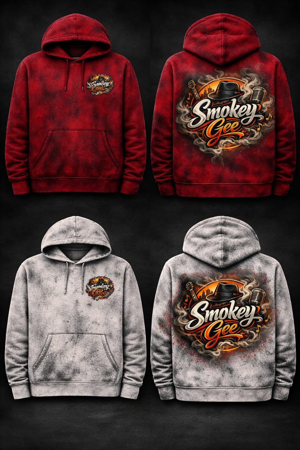 Smokey Gee hoodies in red and grey with front and back artwork