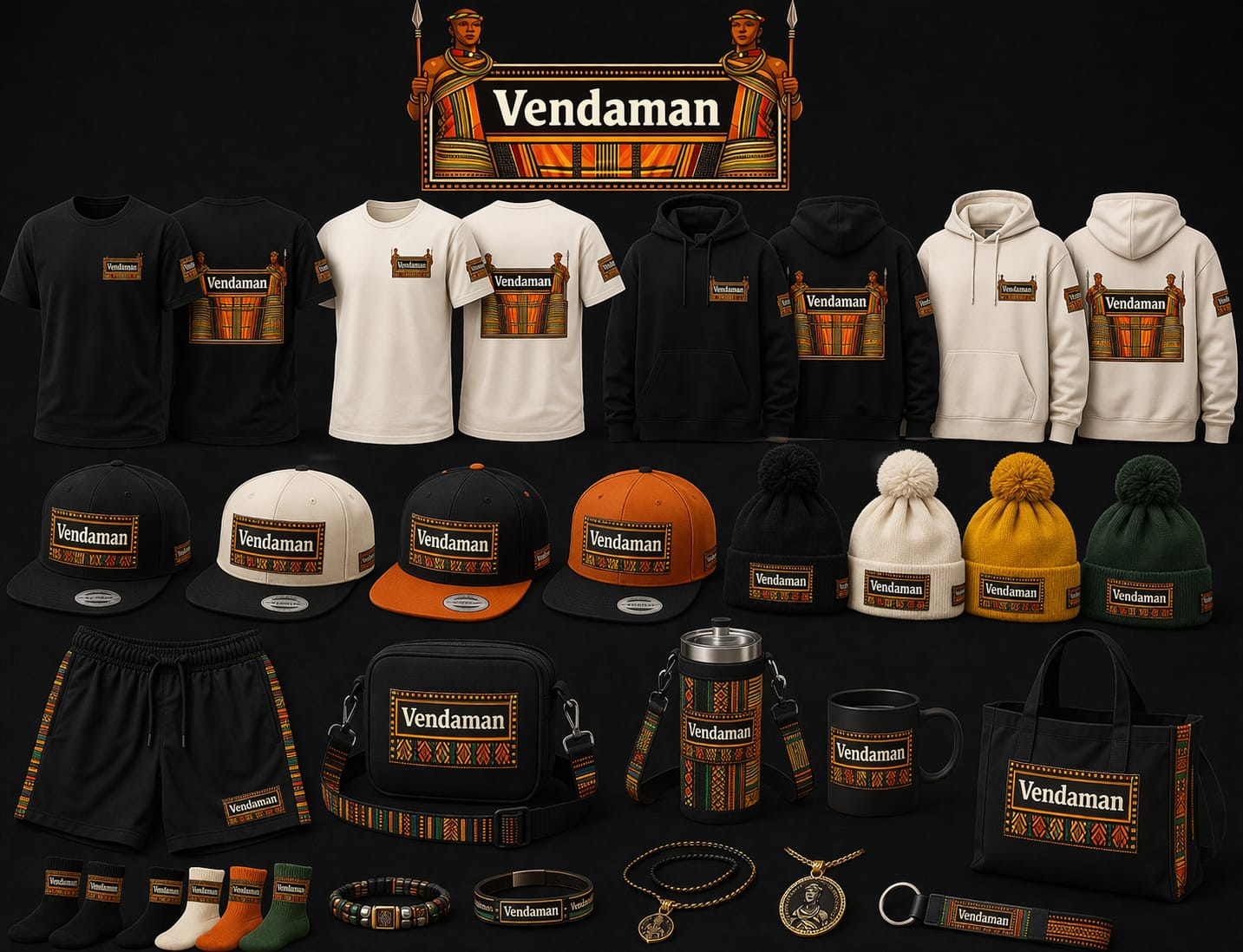 Vendaman full apparel and accessories range including tees, hoodies, caps, beanies and lifestyle gear