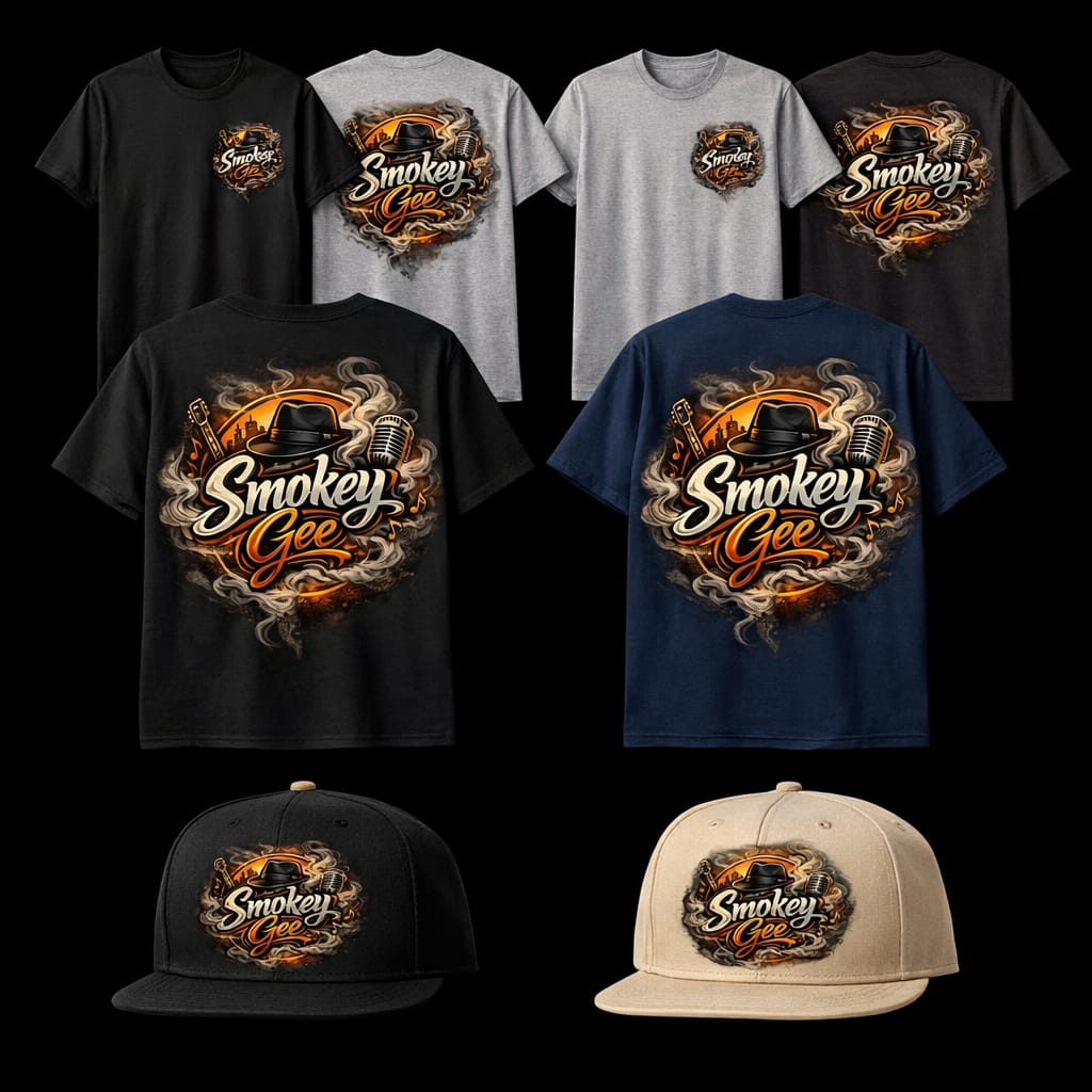 Smokey Gee t-shirt range with black and cream snapback caps