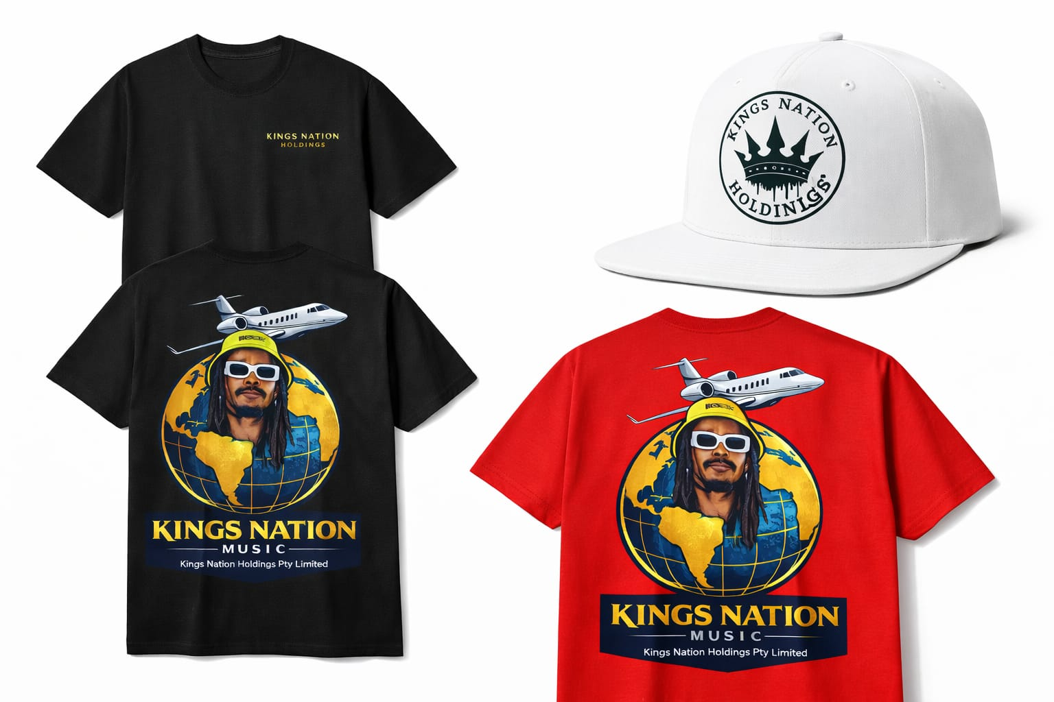 Kings Nation Music black and red t-shirts with white snapback cap