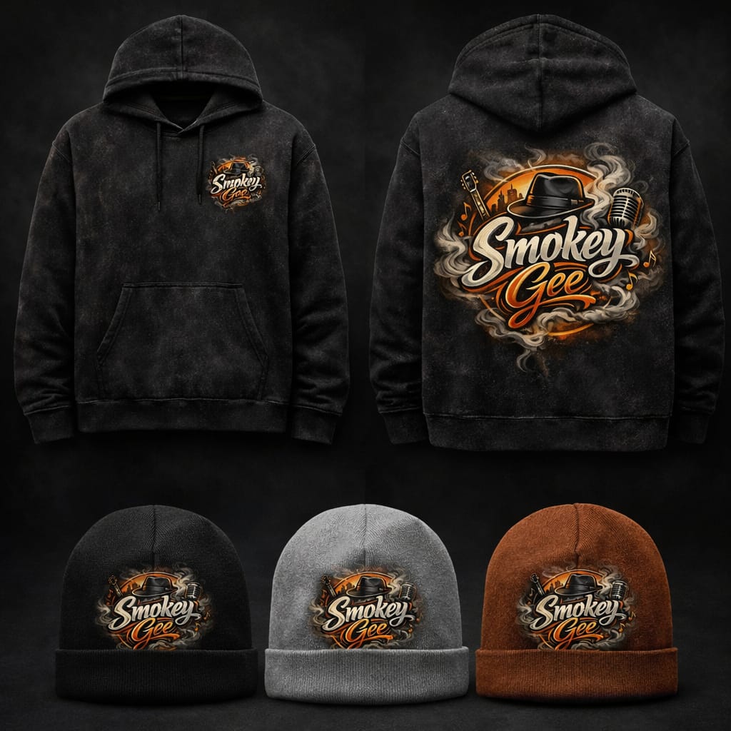 Smokey Gee washed black hoodies with matching beanies