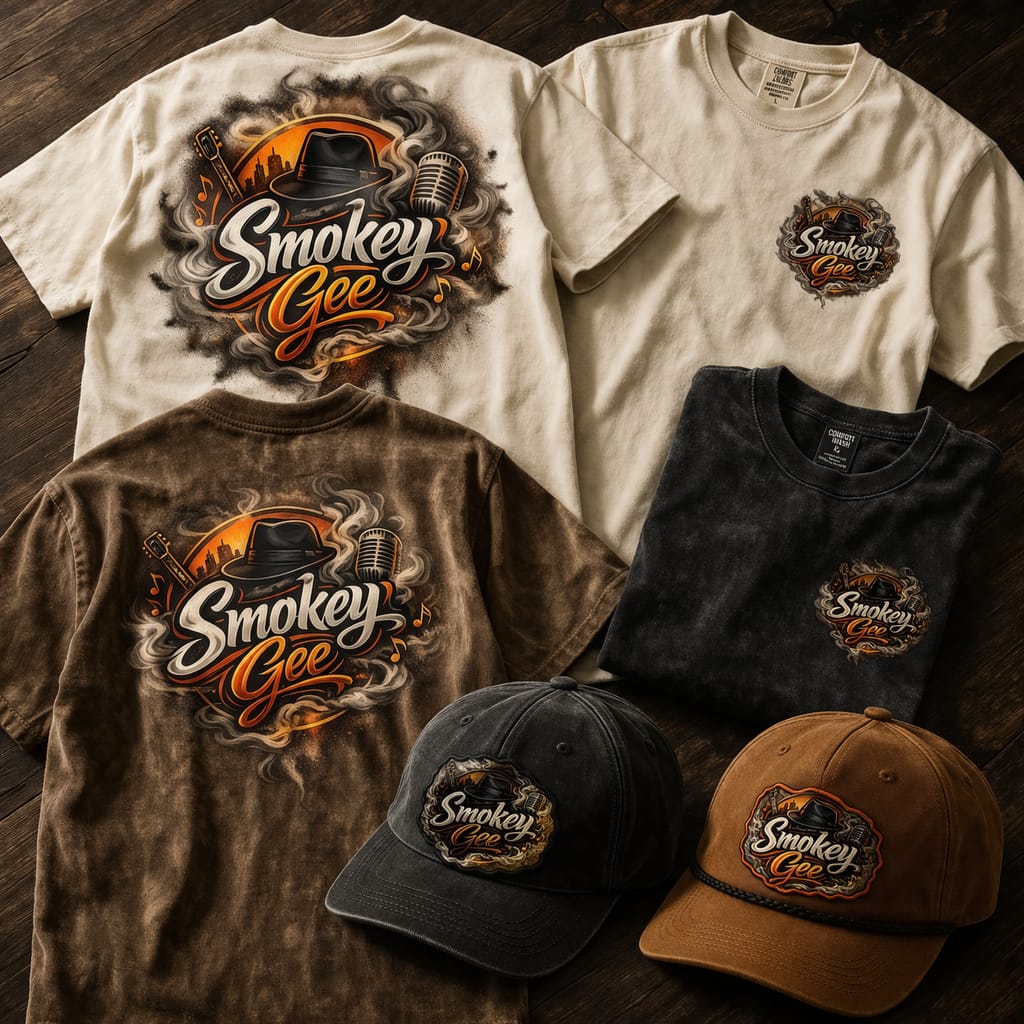 Smokey Gee flat-lay street edition t-shirts and caps — cream, brown and black range