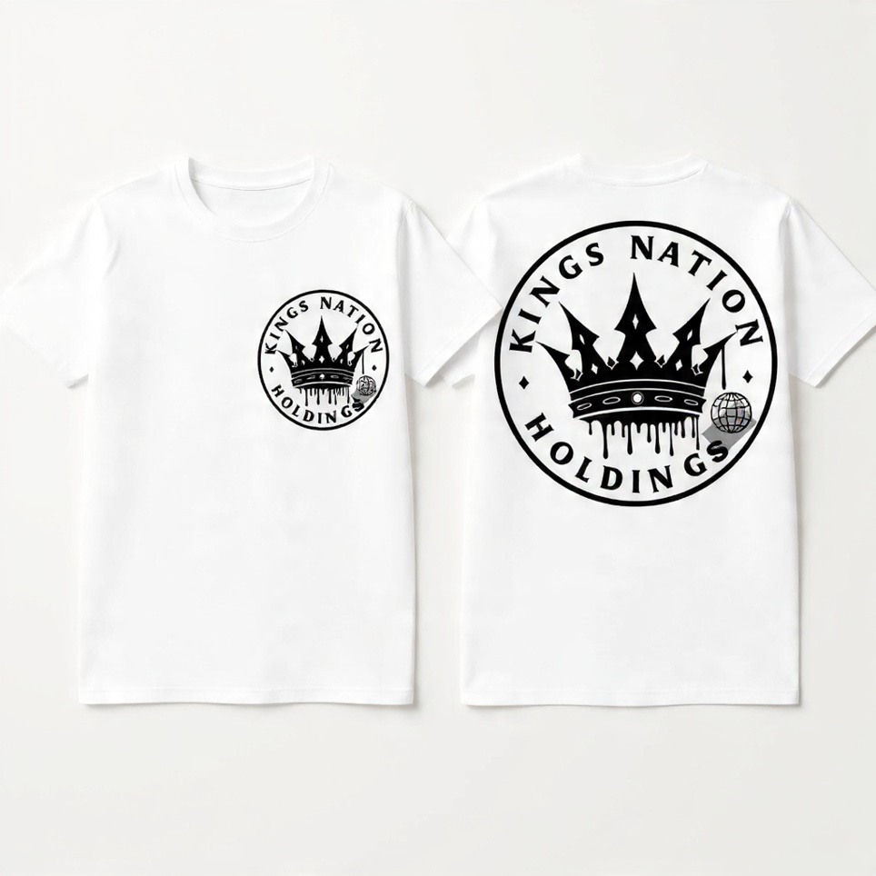 Kings Nation Holdings white t-shirts with crown crest front and back