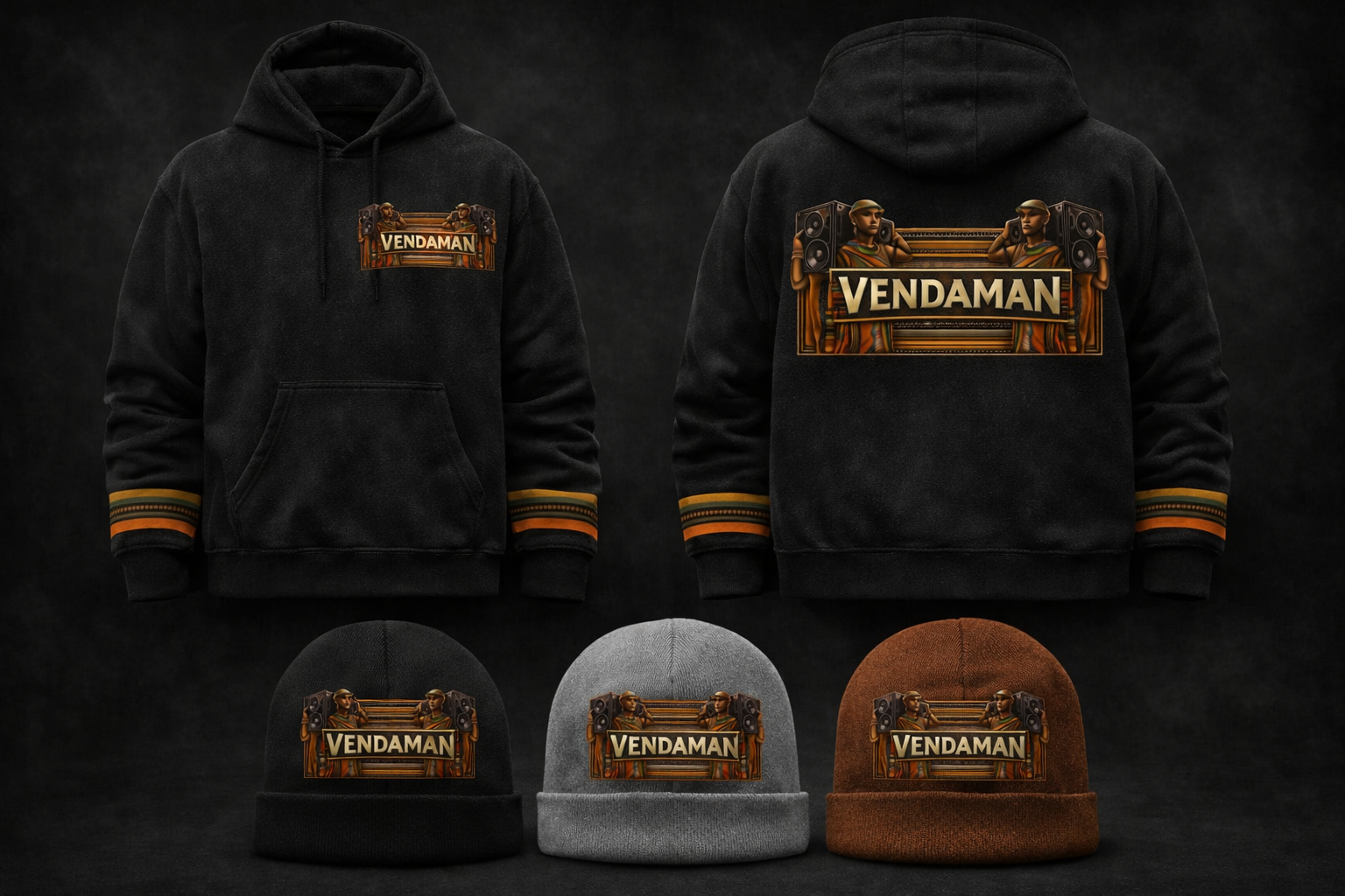 Vendaman black hoodies with beanies in black, grey and rust